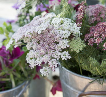 cut flowers in a metal bucket