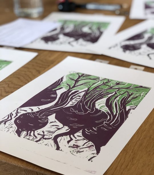 2 colour lino print of beetroot in burgundy and green